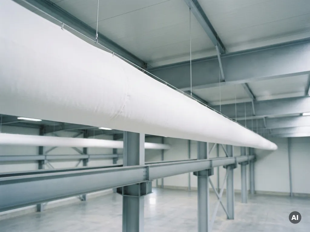 Weißer Textil-Luftverteilungsschlauch an der Decke einer modernen Industriehalle mit Stahlträgern im Hintergrund.