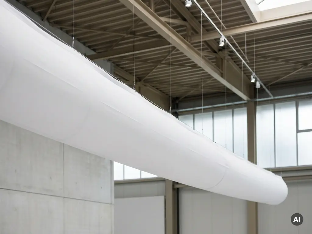 Weißer Textil-Luftverteilungsschlauch an der Decke einer modernen Industriehalle mit Stahlträgern.