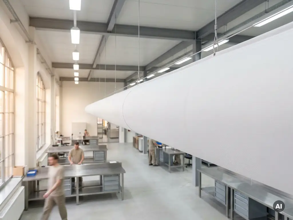 Weißer Textilluftschlauch hängt von der Decke einer modernen Industriehalle und verteilt Luft gleichmäßig über den Arbeitsbereich.