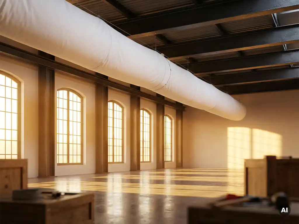 Weißer Textil-Luftverteilerschlauch in einer Industriehalle mit Betonboden und warmem Sonnenlicht durch hohe Fenster.