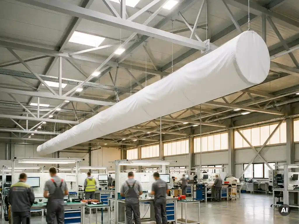 Weißer Textil-Luftverteiler hängt von der Decke einer modernen Industriehalle mit sichtbarer Stahlkonstruktion und Mitarbeitern an Arbeitsplätzen.