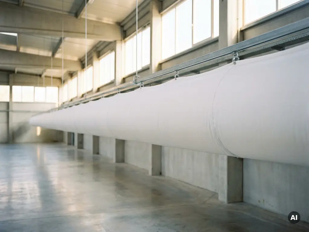 Weißer Textil-Luftverteilerschlauch hängt von der Decke einer hellen Industriehalle mit Stahlschienen und Betonwänden.