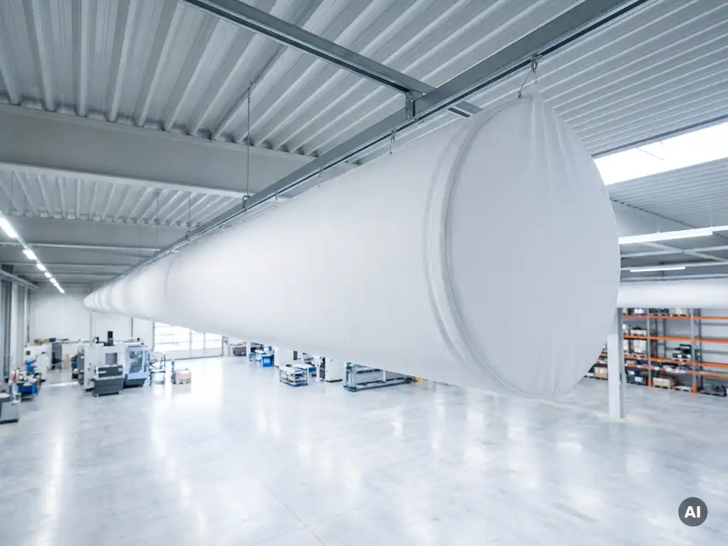 Weißer Textil-Luftverteiler hängt von der Decke einer modernen Industriehalle mit Stahlschienen und gleichmäßiger Beleuchtung.