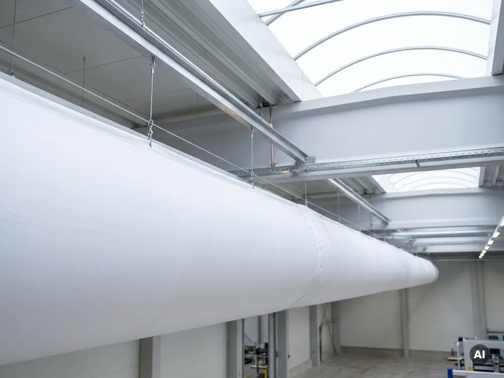 Gespannte weiße Textil-Luftsocke an der Decke einer modernen Industriehalle mit sichtbarer Stahlkonstruktion.