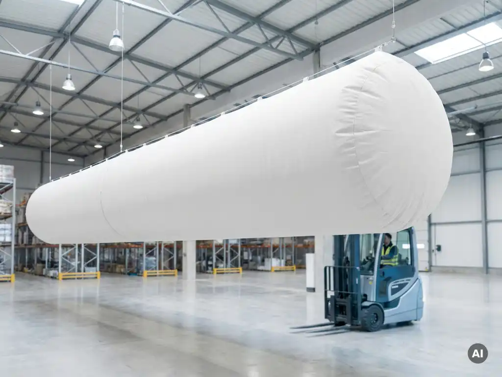 Weißer Textil-Lüftungsschlauch hängt gespannt von der Decke einer sauberen Industriehalle mit Gabelstapler im Hintergrund.
