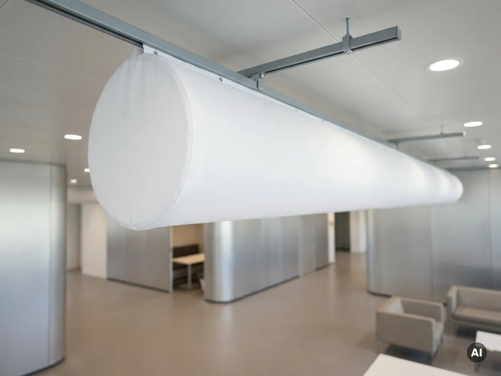 Weißer Textil-Luftverteilerschlauch an Stahlschienen einer modernen Gewerbehalle, gleichmäßige Luftverteilung, Froschperspektive.