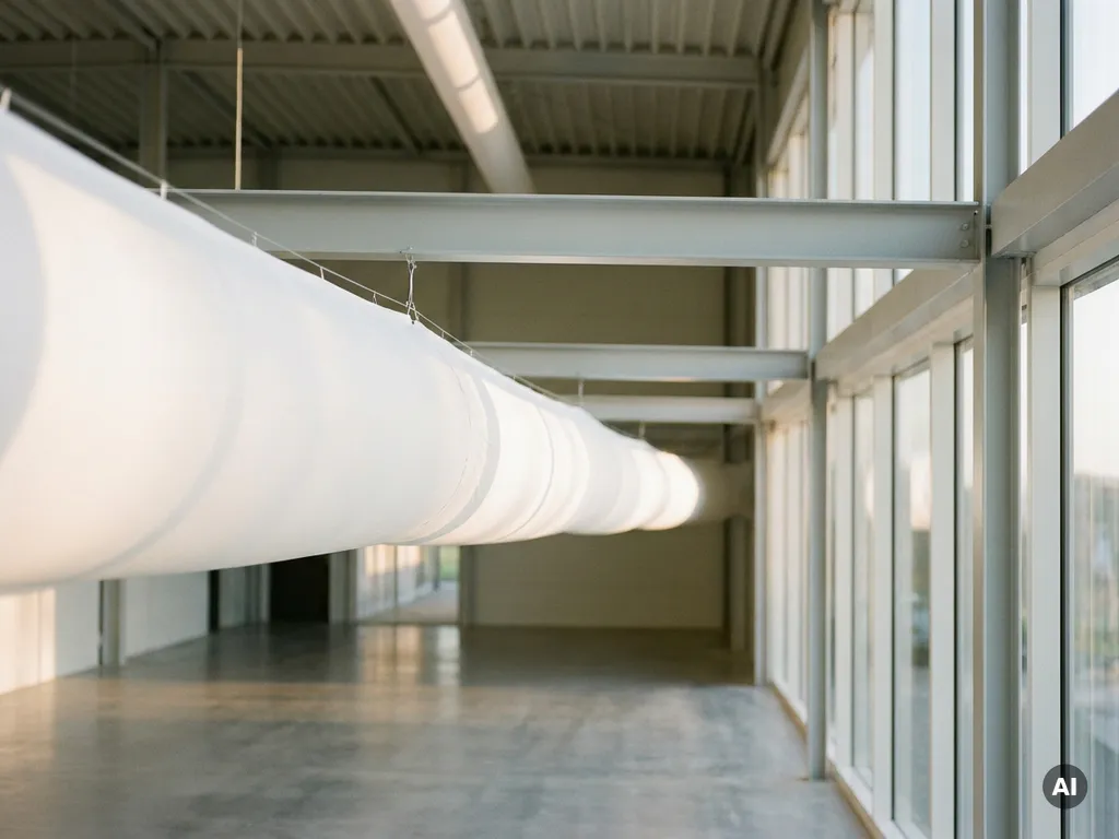 Weißer Textil-Luftverteilungsschlauch hängt von der Decke einer modernen Gewerbehalle mit Stahlträgern und Panoramafenstern.