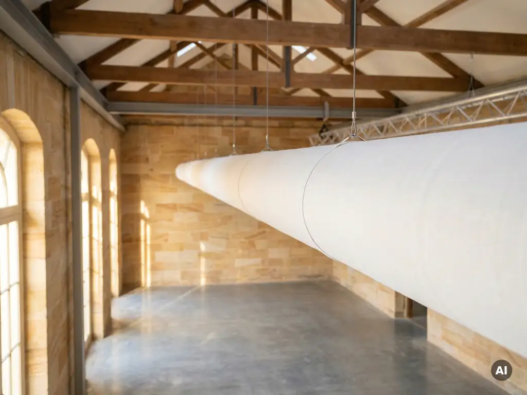 Textiler Luftverteilungsschlauch aus weißem Stoff, gespannt an der Decke einer renovierten historischen Halle mit Natursteinwänden und Stahlelementen.