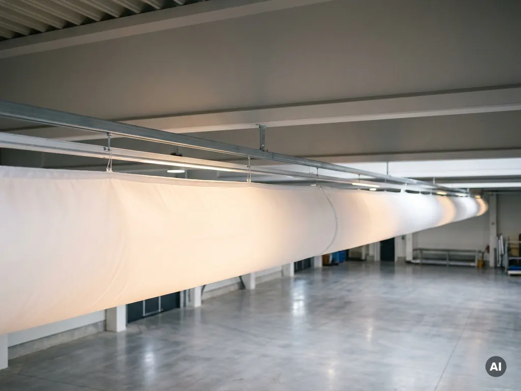 Weißer Textilluftschlauch hängt von der Decke einer modernen Industriehalle mit Stahlschienen und Betonboden.