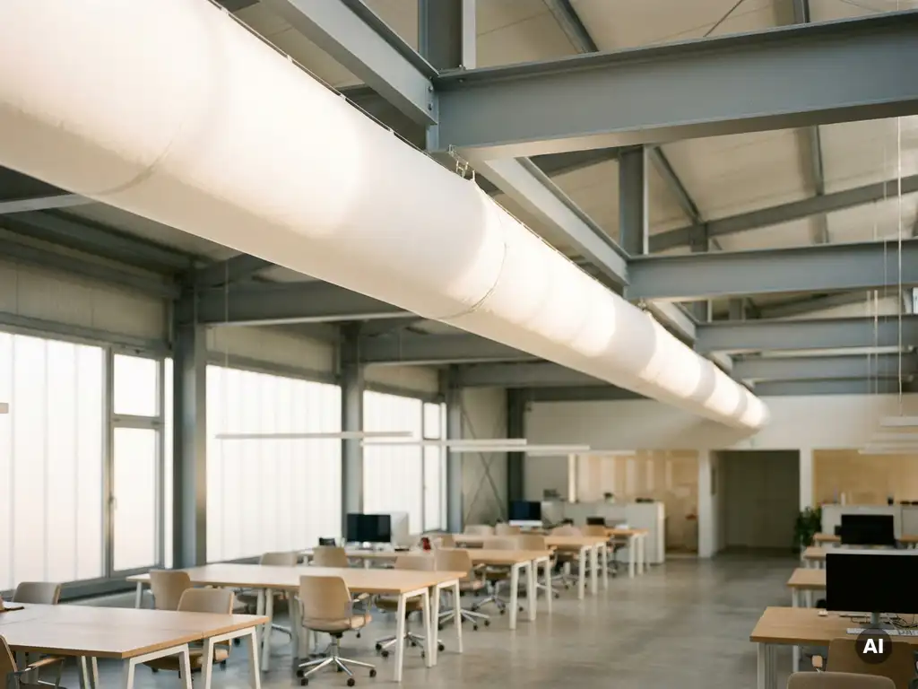 Textile Lüftungssocke aus weißem Stoff an Industriehallendecke mit Stahlträgern zur gleichmäßigen Luftverteilung.