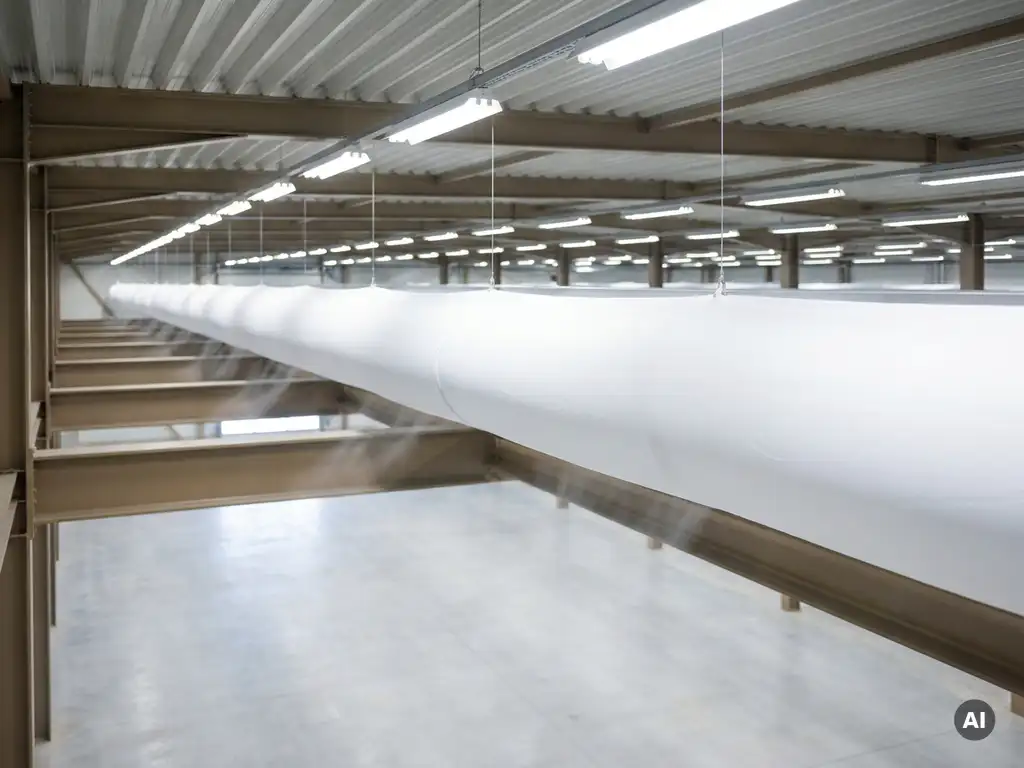 Weißer Textil-Luftverteilungsschlauch hängt von der Decke einer Industriehalle und verteilt gleichmäßig Luft über den Hallenboden.