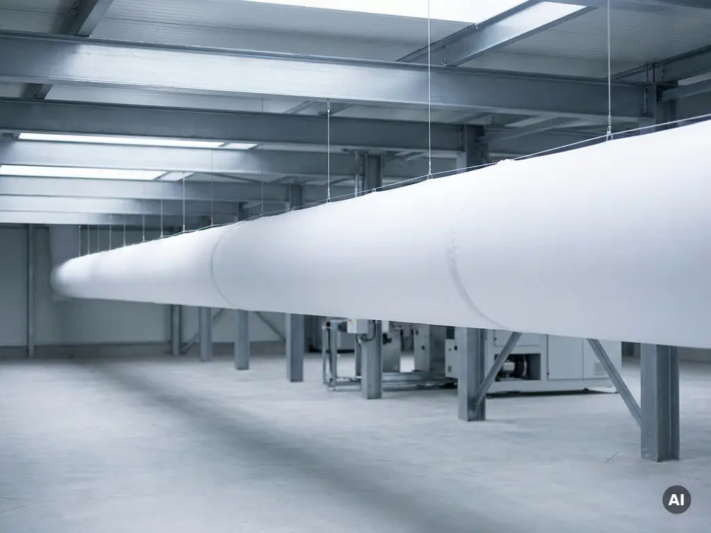 Weißer Textil-Luftverteilungsschlauch hängt unter Industriehallendecke mit Stahlträgern und Betonboden.