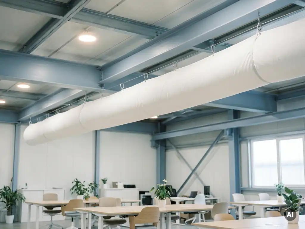 Weißer Textil-Luftschlauch an Industriedecke mit Stahlträgern, der Luft gleichmäßig in modernen Arbeitsbereich verteilt.
