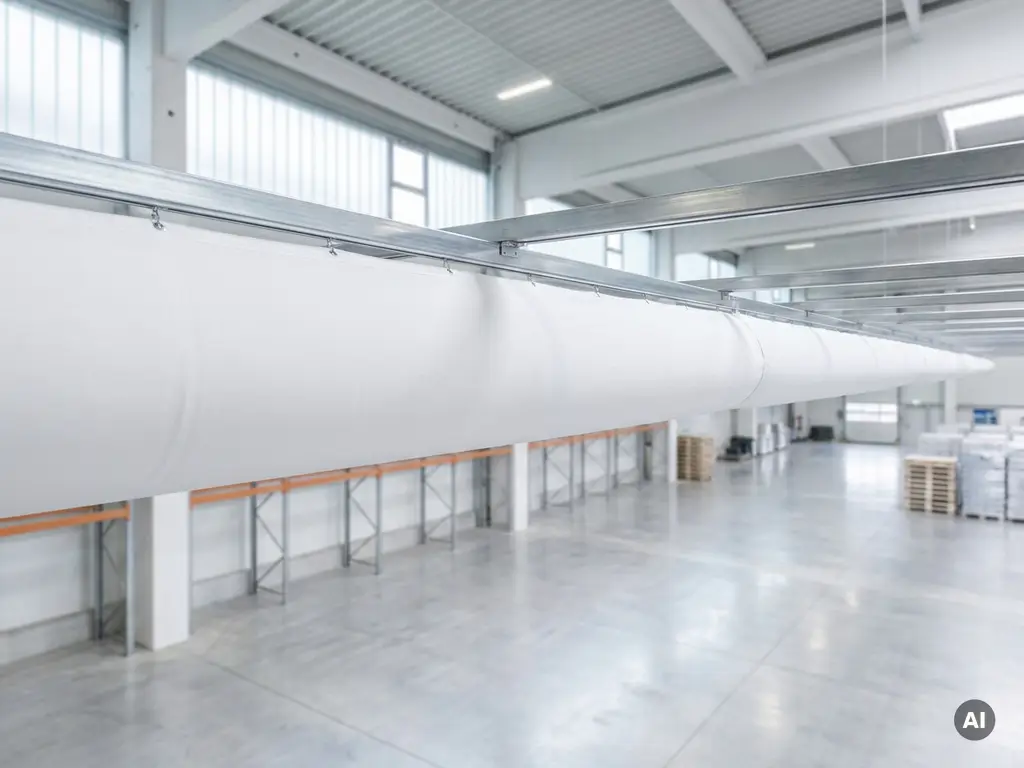 Weißer Textil-Luftverteilungsschlauch an Stahlschienen in einer modernen Industriehalle mit weitläufigem Hallenboden.