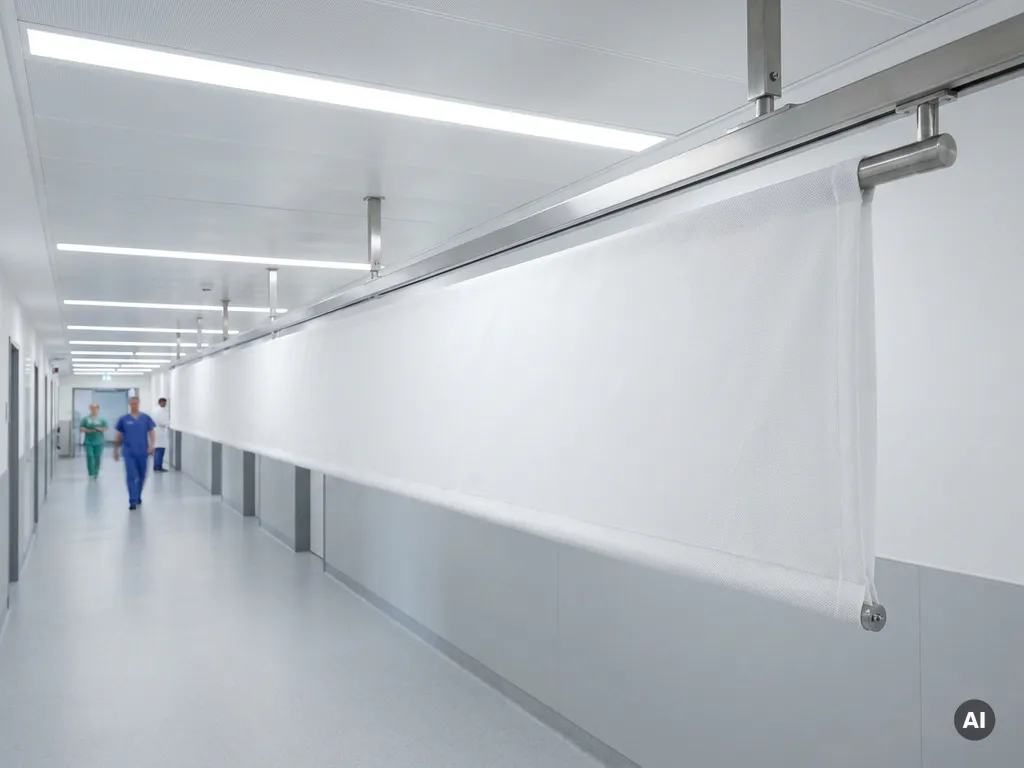 Weißer Textil-Luftverteilungsschlauch an Krankenhausdecke montiert, gleichmäßige Luftverteilung im sterilen Klinikflur.