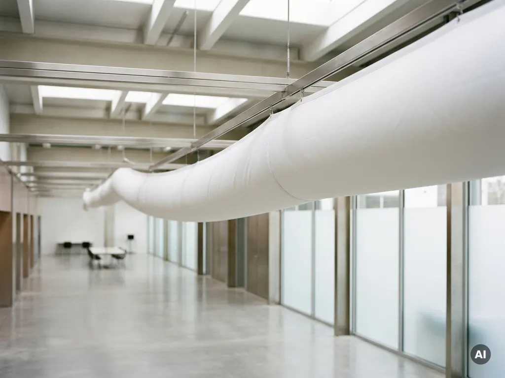 Weißer Textil-Luftverteiler hängt von Stahlschienen einer modernen Gewerbehalle und verteilt Zuluft gleichmäßig.
