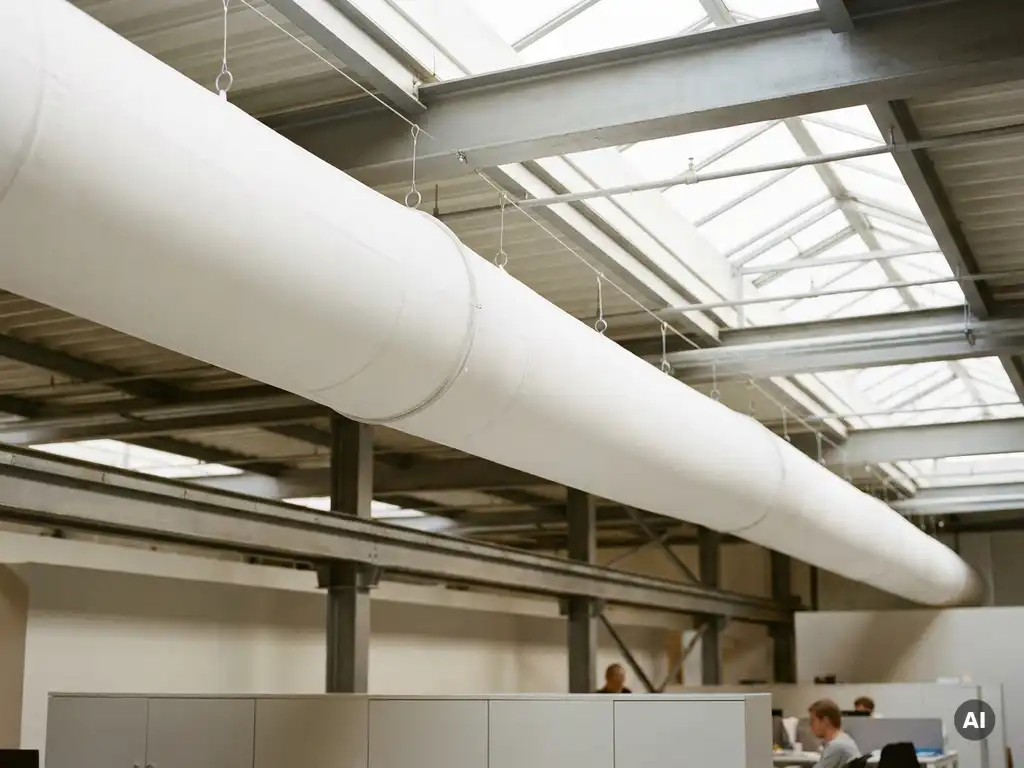 Weißer Textil-Luftverteilungsschlauch an der Decke einer modernen Industriehalle mit Stahlträgern.