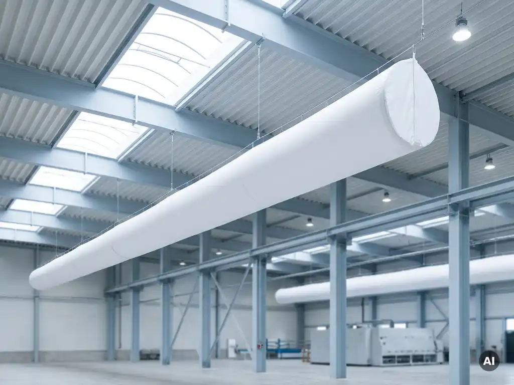 Weißer Textil-Luftverteilungsschlauch an der Decke einer modernen Industriehalle mit Stahlträgern im Hintergrund.