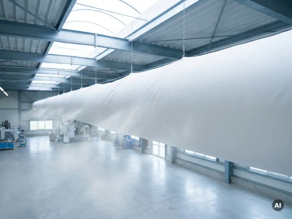 Weißer Textil-Luftverteilschlauch hängt von der Decke einer modernen Industriehalle mit sichtbaren Stahlträgern.
