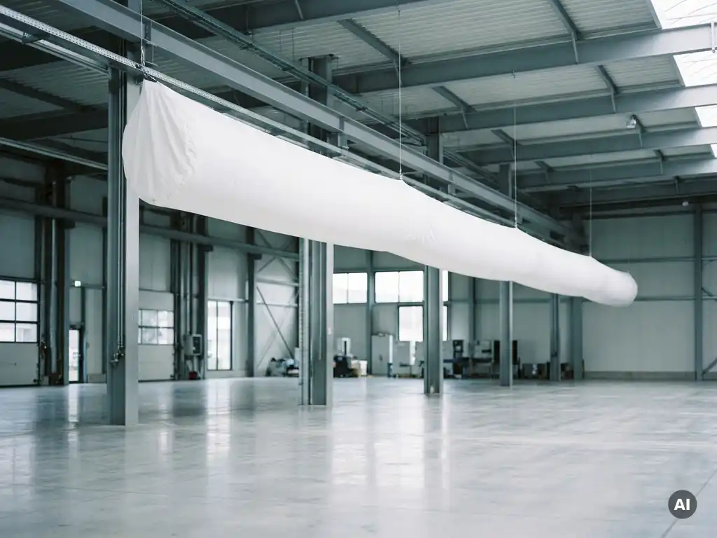 Weiße Textil-Lüftungssocke unter Stahlträgern einer modernen Industriehalle, gleichmäßige Luftverteilung durch glatten Kunststoff.