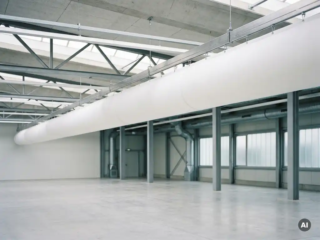Weißer Textil-Luftverteilungsschlauch an Stahlschienen einer modernen Industriehalle montiert, glatte Oberfläche, diffuses Deckenlicht.