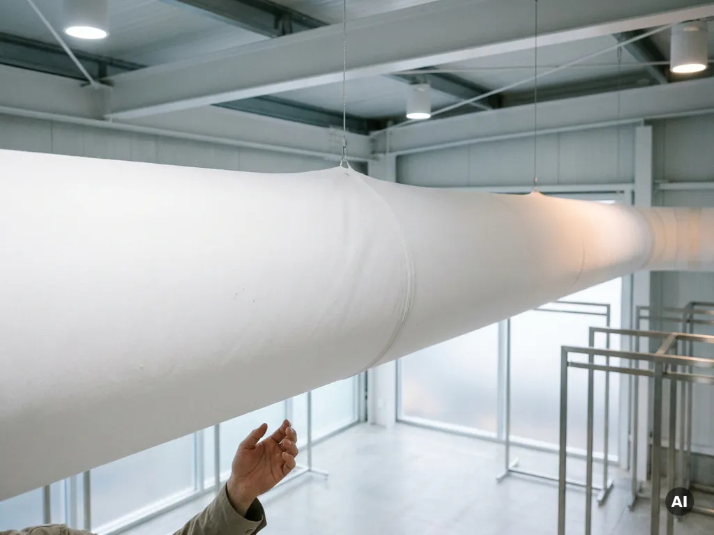 Weißer Textil-Luftverteilungsschlauch an moderner Industriedecke mit Stahlkonstruktion, straff gespannt und faltenfrei.