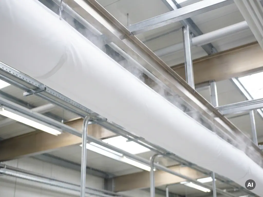 White fabric ventilation sock suspended from an industrial hall ceiling, evenly dispersing airflow along its smooth, taut surface.