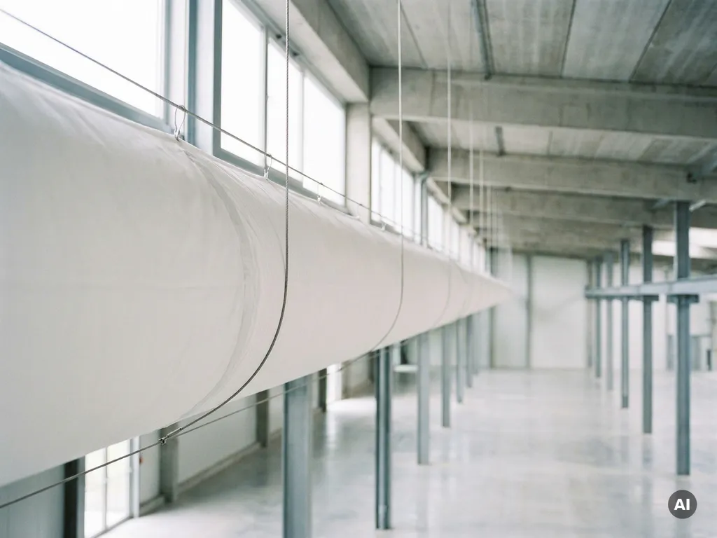 White textile air distribution sock suspended from steel cables along the ceiling of a bright modern industrial hall.