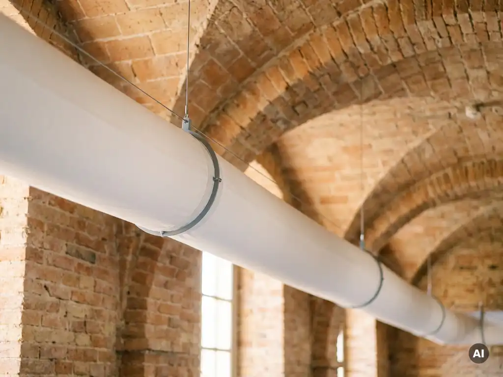 White fabric ventilation sock suspended from a vaulted historic brick ceiling, contrasting modern HVAC ductwork against aged terracotta masonry.