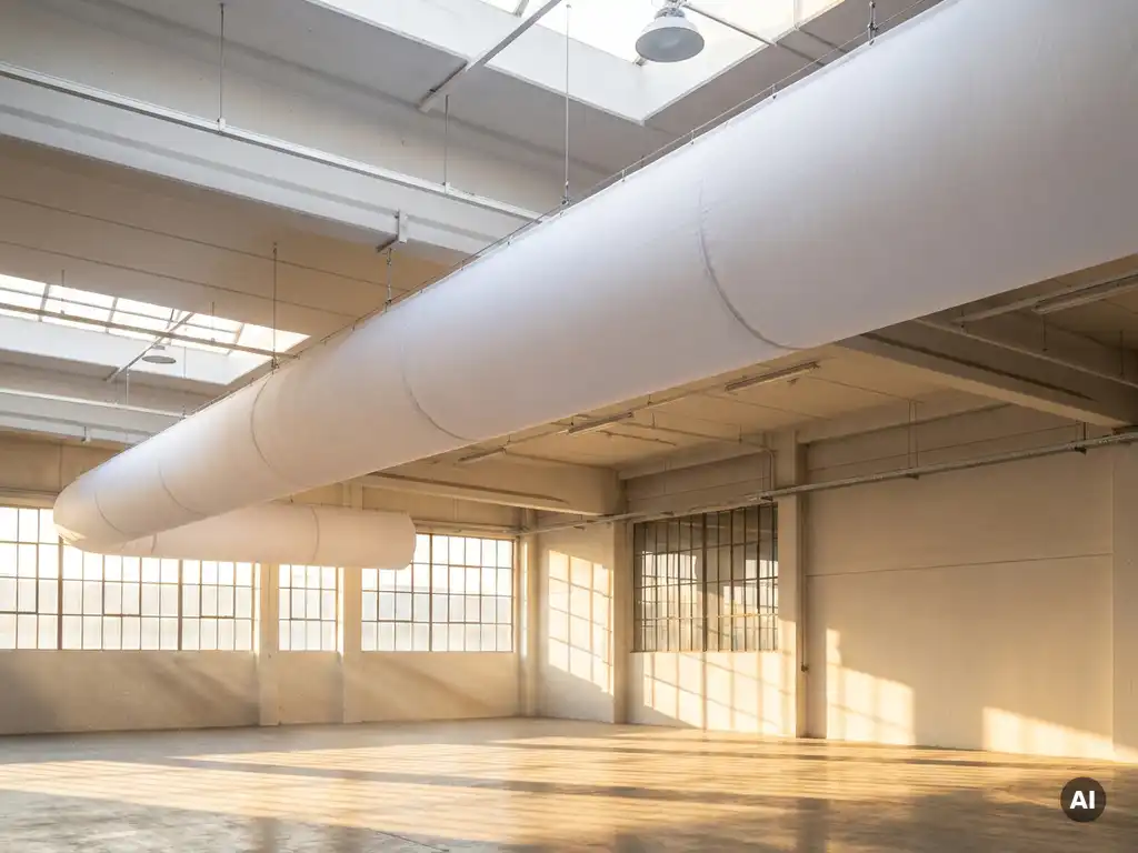 White fabric ventilation sock suspended from a commercial hall ceiling, warm sunlight streaming through industrial windows below.