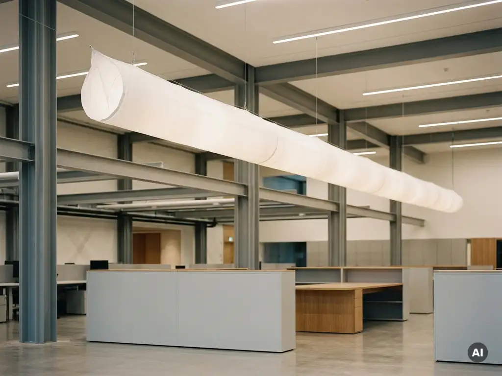 White fabric ventilation sock suspended from commercial hall ceiling, evenly distributing airflow with steel grey structural beams in background.
