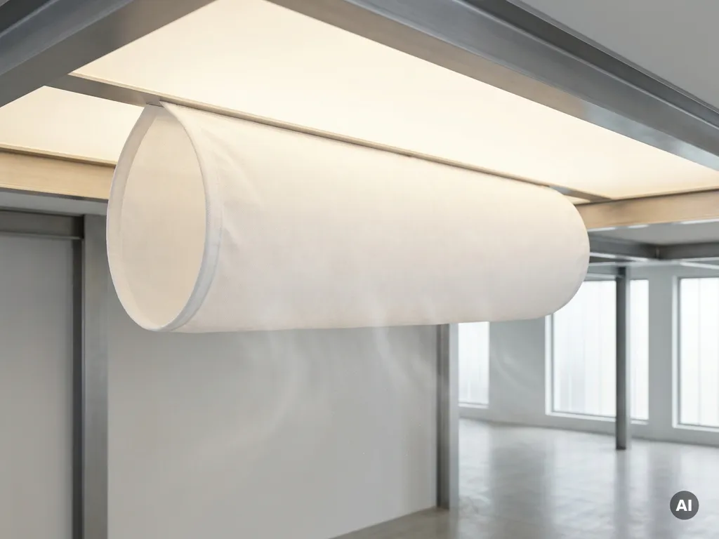 White fabric ventilation sock suspended from a modern ceiling, diffusing air evenly into a bright, clean interior space.
