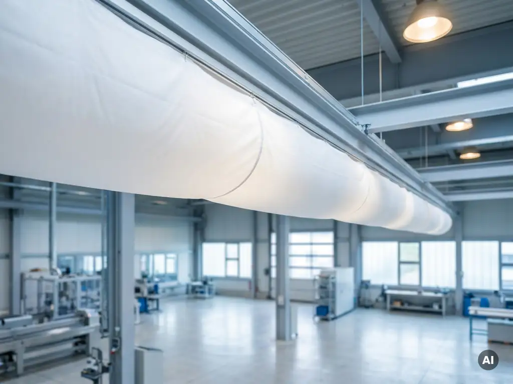 White fabric ventilation sock suspended from steel ceiling beams in a modern industrial hall, diffusing air evenly throughout the space.
