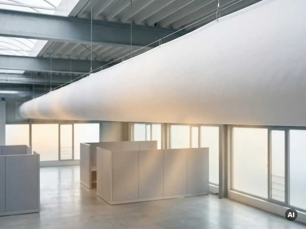 White fabric ventilation sock suspended from commercial hall ceiling, distributing air evenly across a modern industrial interior with steel beams.