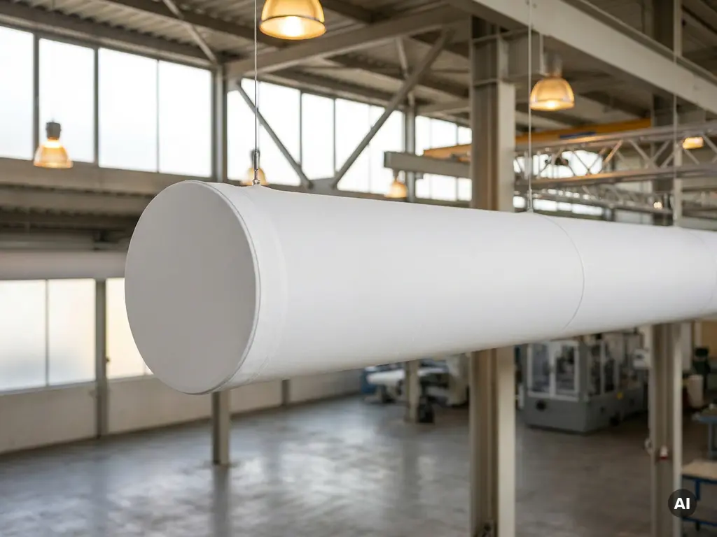 White fabric ventilation sock suspended from steel beams in a modern commercial hall with warm ambient lighting.