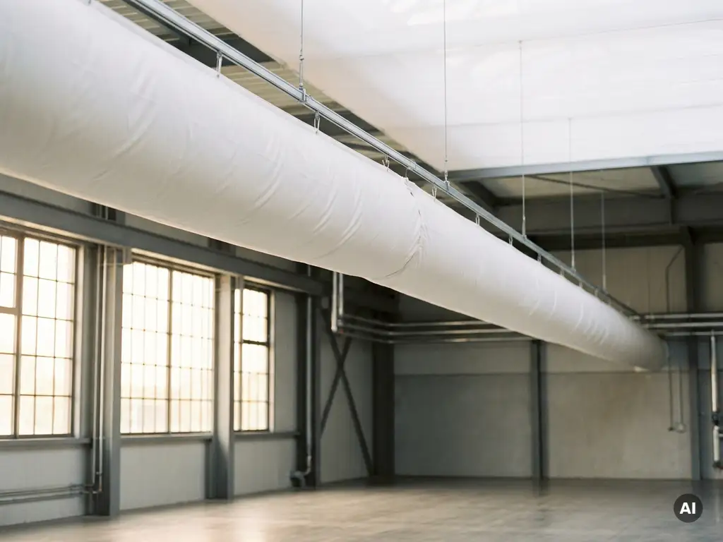 White fabric ventilation sock suspended from steel ceiling rails in a bright commercial hall with large windows.
