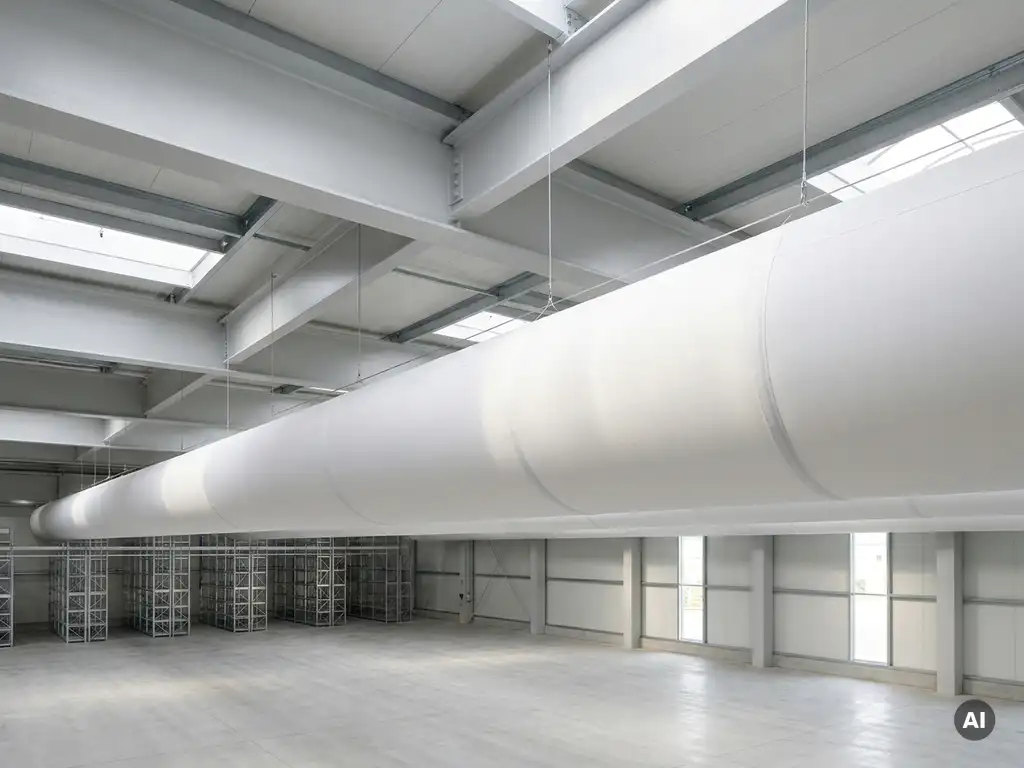 White fabric ventilation sock suspended from a commercial hall ceiling with exposed steel structural beams above.