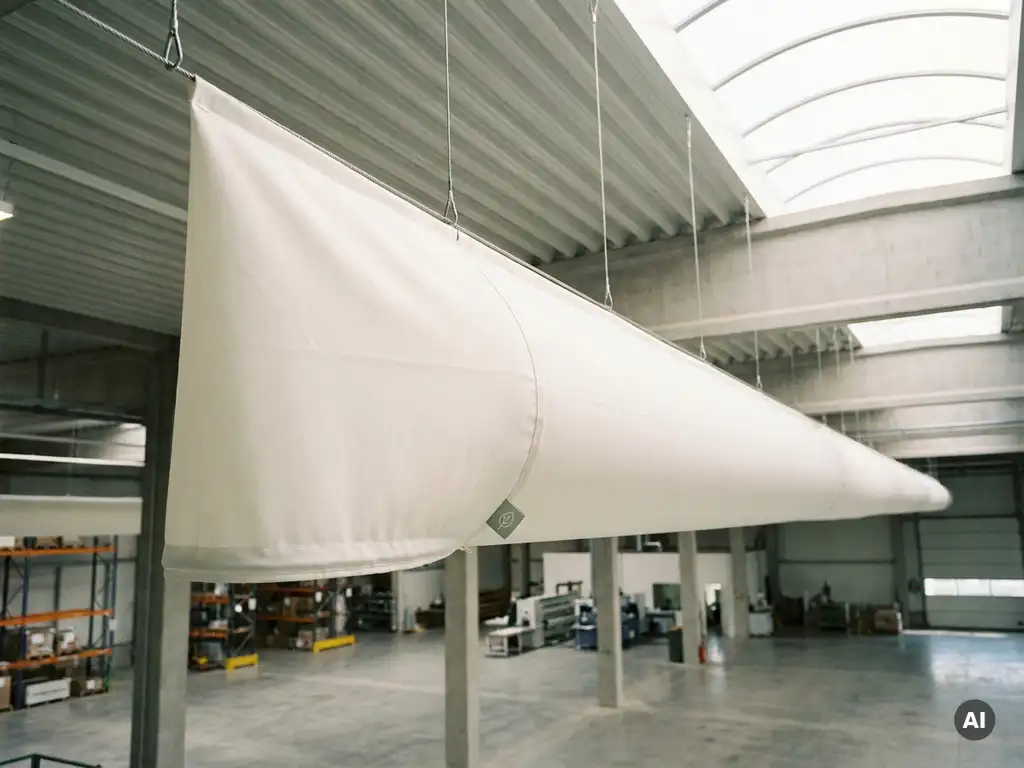 White textile ventilation sock suspended from an industrial hall ceiling, diffusing airflow across a spacious floor below.