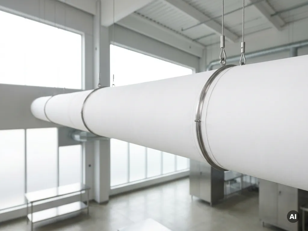 White textile ventilation sock suspended from a commercial food facility ceiling with stainless steel fittings and polished concrete floor below.