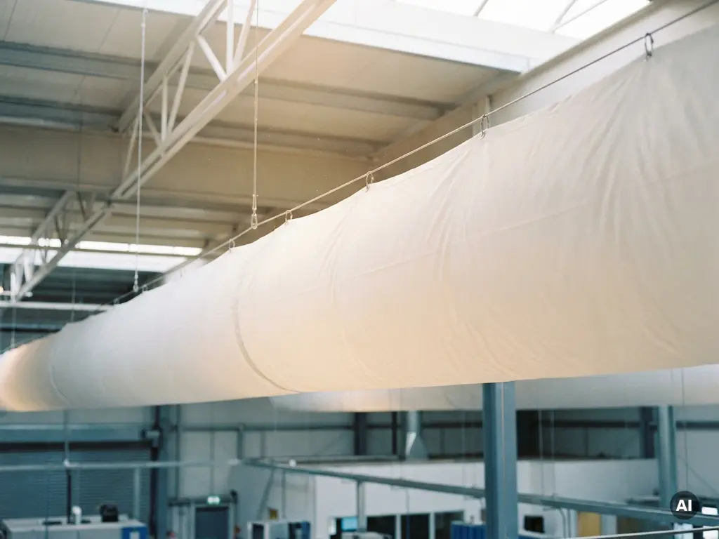 White fabric air distribution sock suspended from industrial hall ceiling, diffusing airflow across commercial interior with steel support beams.