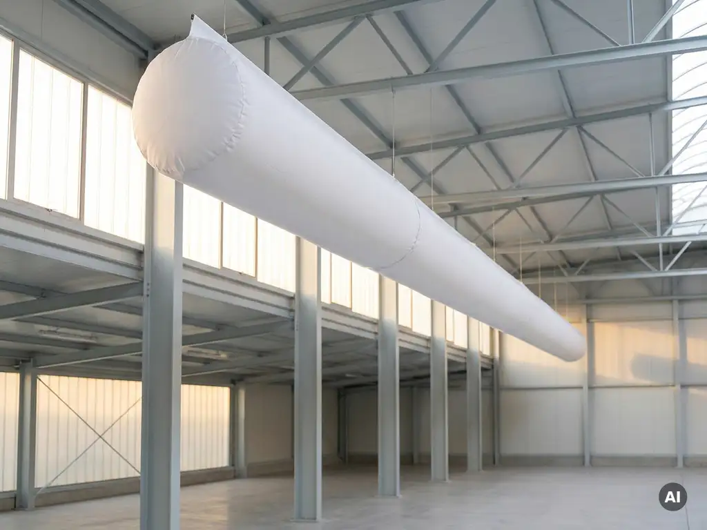 White fabric ventilation sock suspended from an industrial ceiling in a modern hall with natural daylight and steel structure.