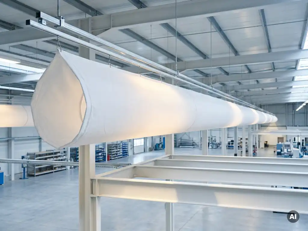 White fabric ventilation sock suspended from steel ceiling rails in a bright industrial hall with diffused ambient lighting.
