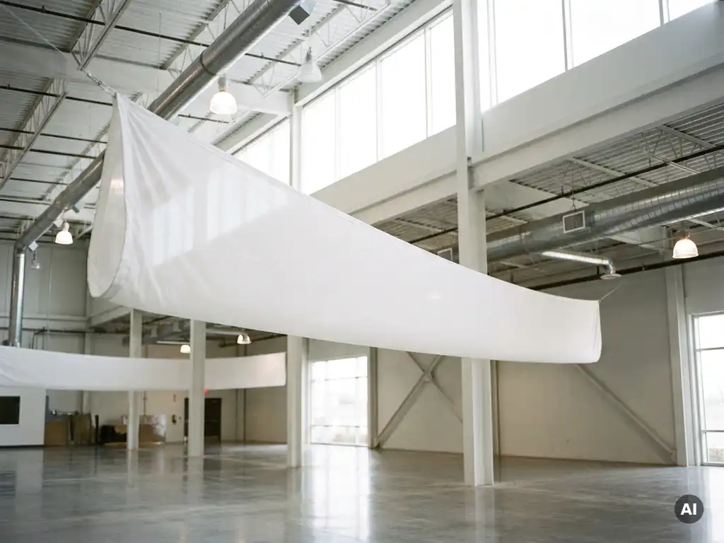 White fabric ventilation sock suspended from industrial ceiling in a spacious commercial hall with polished concrete floors.