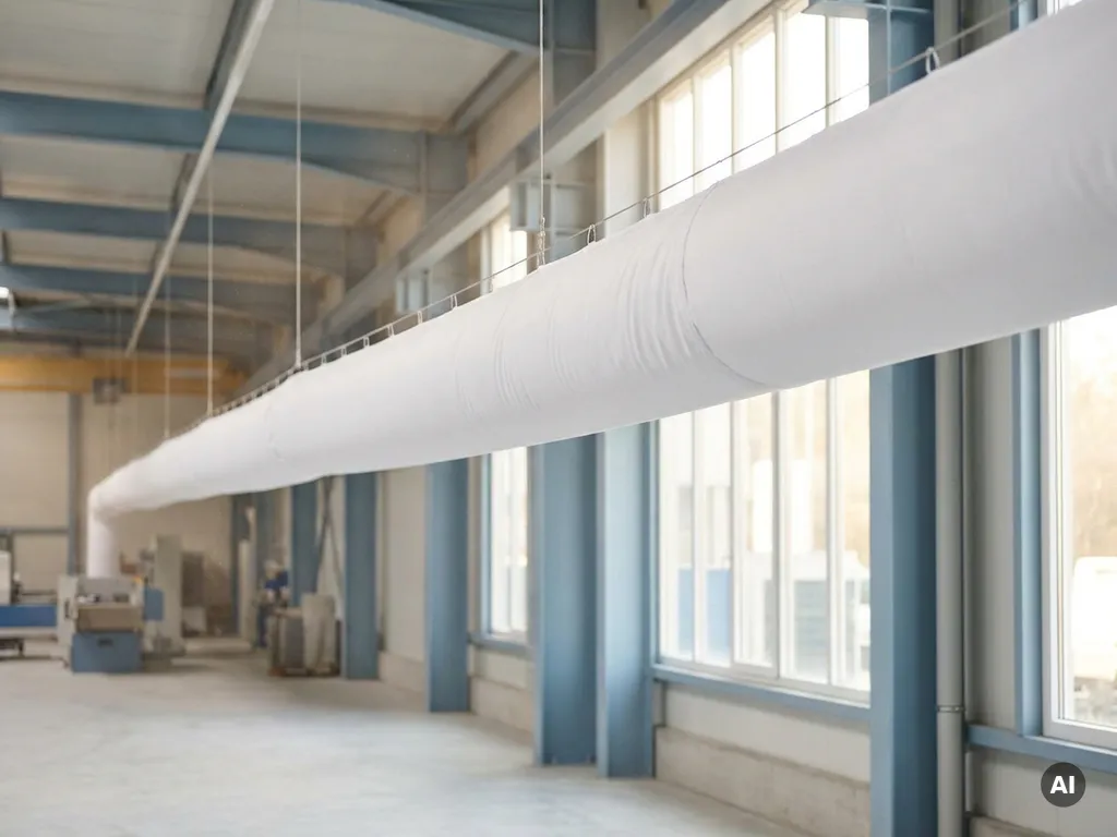 White textile ventilation sock suspended from a commercial ceiling, evenly diffusing air across an industrial hall.