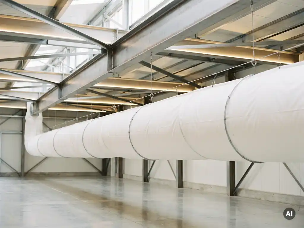 White fabric ventilation sock suspended from ceiling in a modern industrial hall, diffusing air across an open floor with steel beams above.
