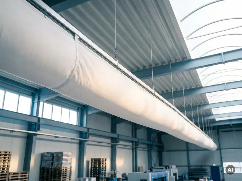 White textile ventilation sock suspended from industrial hall ceiling on steel mounting rails, low-angle view emphasizing scale.