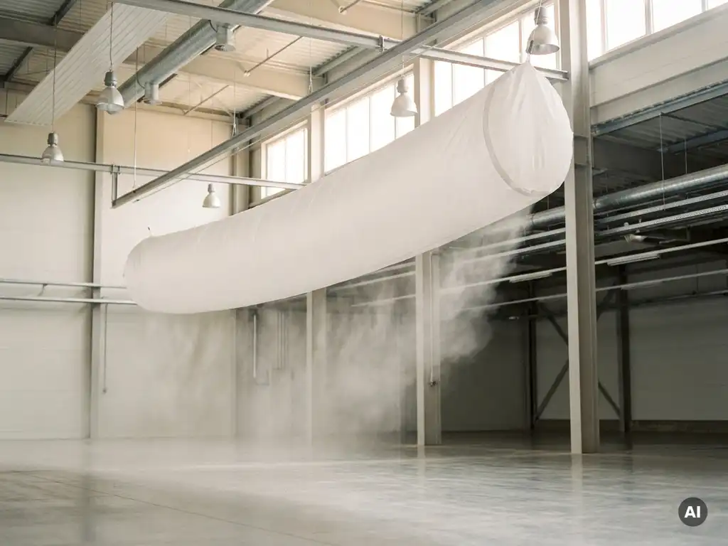 White fabric ventilation sock suspended from an industrial ceiling, evenly diffusing air across an open factory floor.