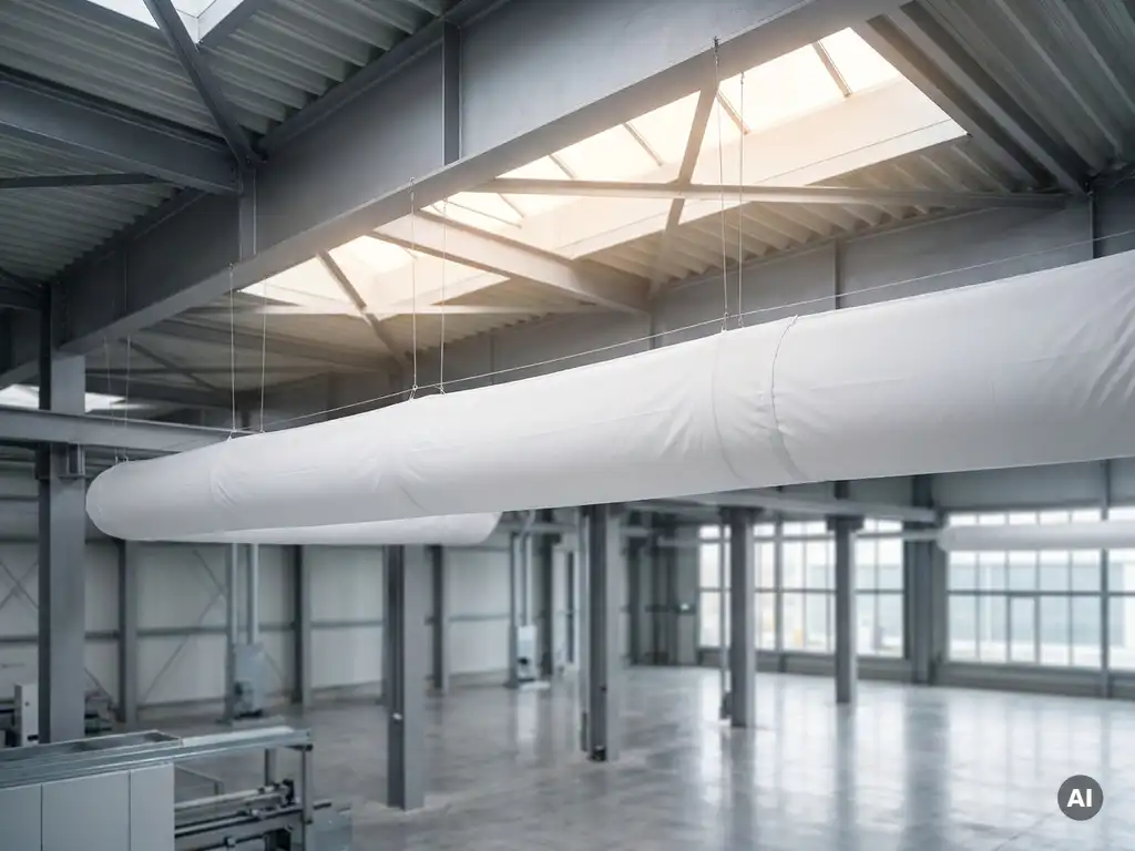 White textile ventilation sock suspended from industrial hall ceiling with steel grey structural beams and skylight illumination.